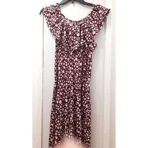 Justice Girls Burgundy Floral Jumpsuit Size XL (16/18) Ruffle Neckline Pockets